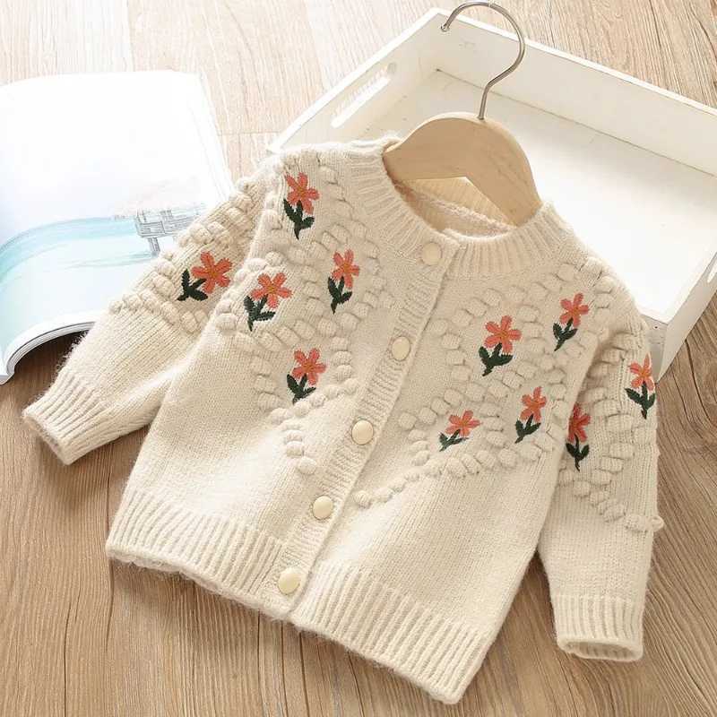 Girls autumn clothing sweet flower childrens sweaters embroidered knitted cardigans warm childrens jackets Korean baby clothing W241025
