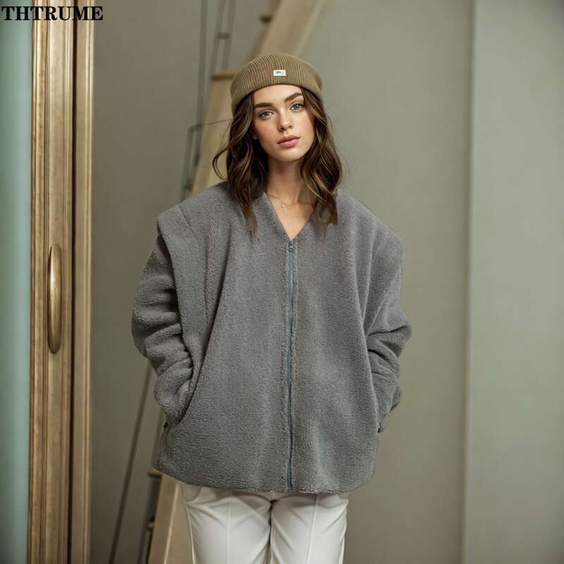 Elegant Fleece Autumn Jackets Fashion Women Solid Long Sleeve V-Neck Zipper Loose Coats Casual Streetwear Wool Thick New Jacket