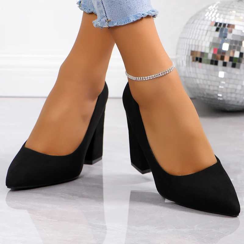 High Quality Sexy black square high heels office shoes womens Pointed Toe Slip high heels pump womens autumn light suede dress womens shoes T241024