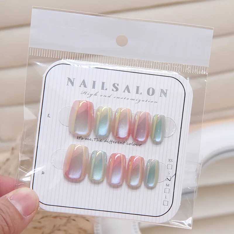 10Pcs Candy Color Gradient Press Fake Nail Full Cover Cat Magnetic Design French Almond Fake Nails Wearable Manicure Nail TipsXJ241025