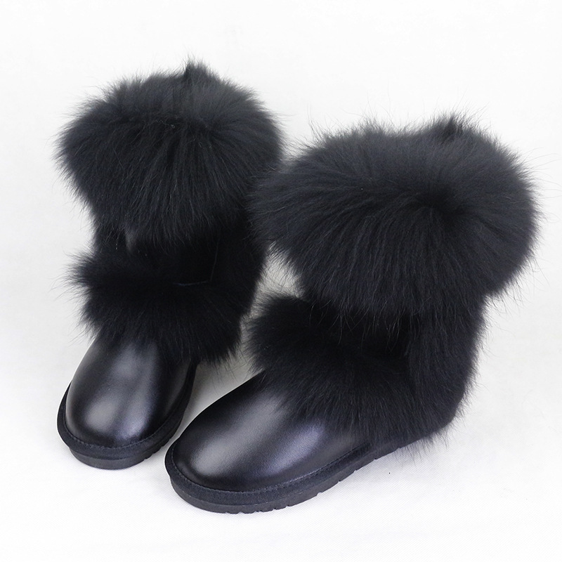 Winter Women Genuine Leather Snow Fox Fur Mid-Calf Warm Boots Female Shoes Size 34-40