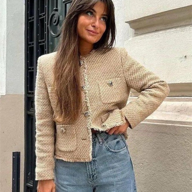 Chic Female Tweed Basic Jacket Coat Women Clothing Woolen Outerwear Long Sleeve Front Button Tops y241009