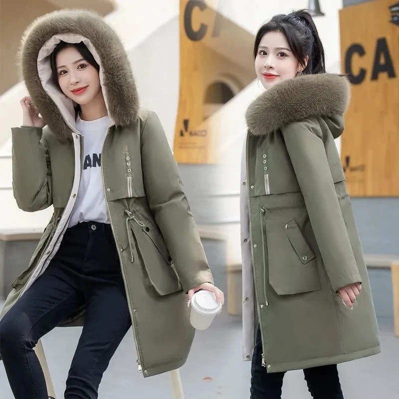 Womens Winter Coat Hooded Thick Artificial Fur Filled Parka Detachable Chiffon Puff Coats Female Black Snow Outerwear 241021