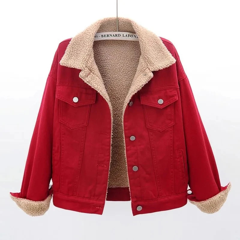 Winter Lamb Wool Thicken Denim Jacket Women Loose Oversized Casual Warm Jeans Coats Wear Long Sleeves Female Clothes Outerwear 241025