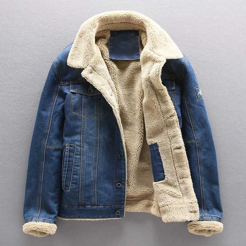 Mens outerwear boutique fashion winter warmth with velvet thick blue mens casual denim jacket wool cotton W241024