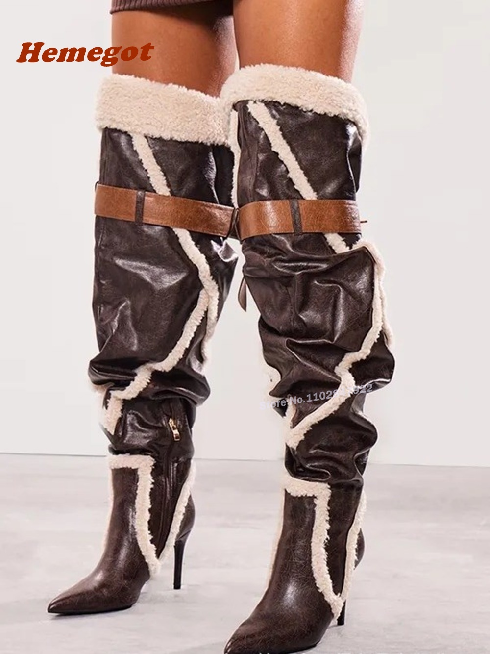Patchwork Plush Leather Over The Knee Pointy Toe Stiletto Heels Belt Buckle Women's Long Boots Winter Brown Runway Shoes
