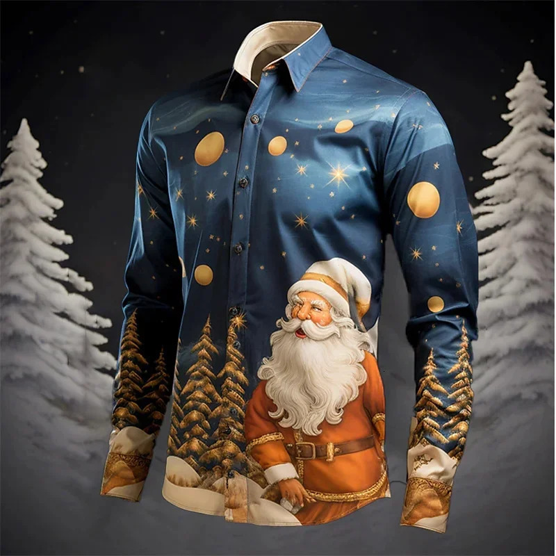 Santa Claus Christmas Tree Casual Mens Shirt Autumn and Winter Long Sleeve XS6XL Fourway Stretch Fabric 241025