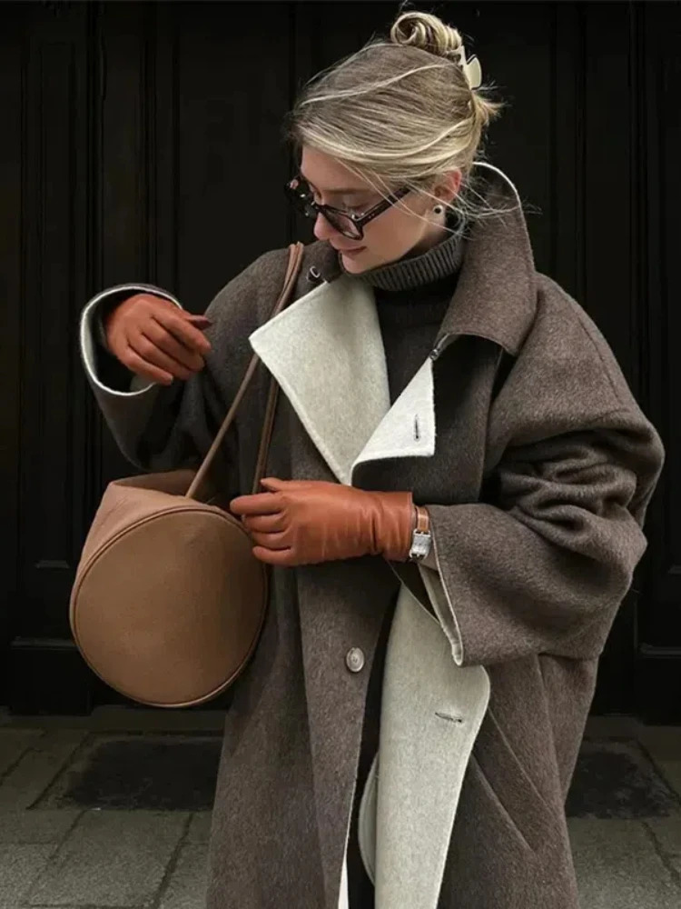 Retro collar wool long coat for womens casual and elegant single chest solid Maxi Coats womens winter loose chic streetwear 241024