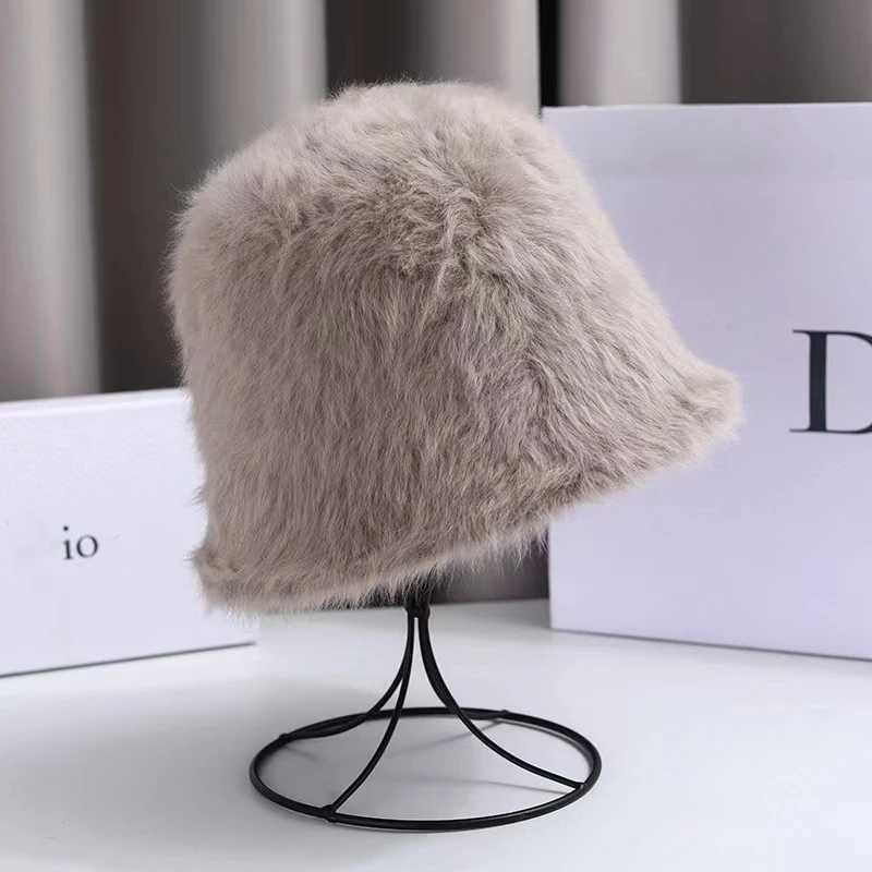 Autumn Winter New Rabbit Fur Bucker Hat for Women Rabbit Fur Korean Versatile Warmth Soft Fisherman Cap Japanese Plush Basin HatX241025