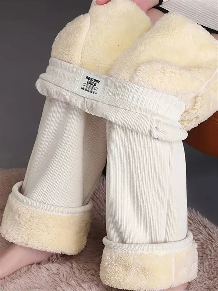 ThinThick Winter Lined Wide Leg Pants CasualThicken Warm Baggy Sweatpants Women HighWaist Korean Lamb Fluff Straight Pantalones 241024