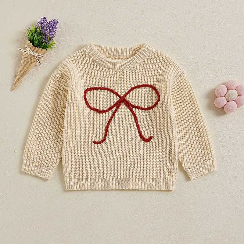 FOCUSNORM 6-Color 0-5Y Autumn Winter Cute Sweater for Children and Girls Butterfly Knot Embroidered Long Sleeve Round Neck Loose Knitted Pulling Flowe