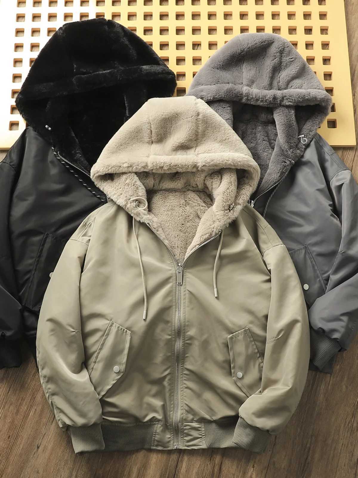 Double sided rabbit plush inner winter mens thick warm bomber jacket light luxury cashmere padded coat unisex hooded park W241024