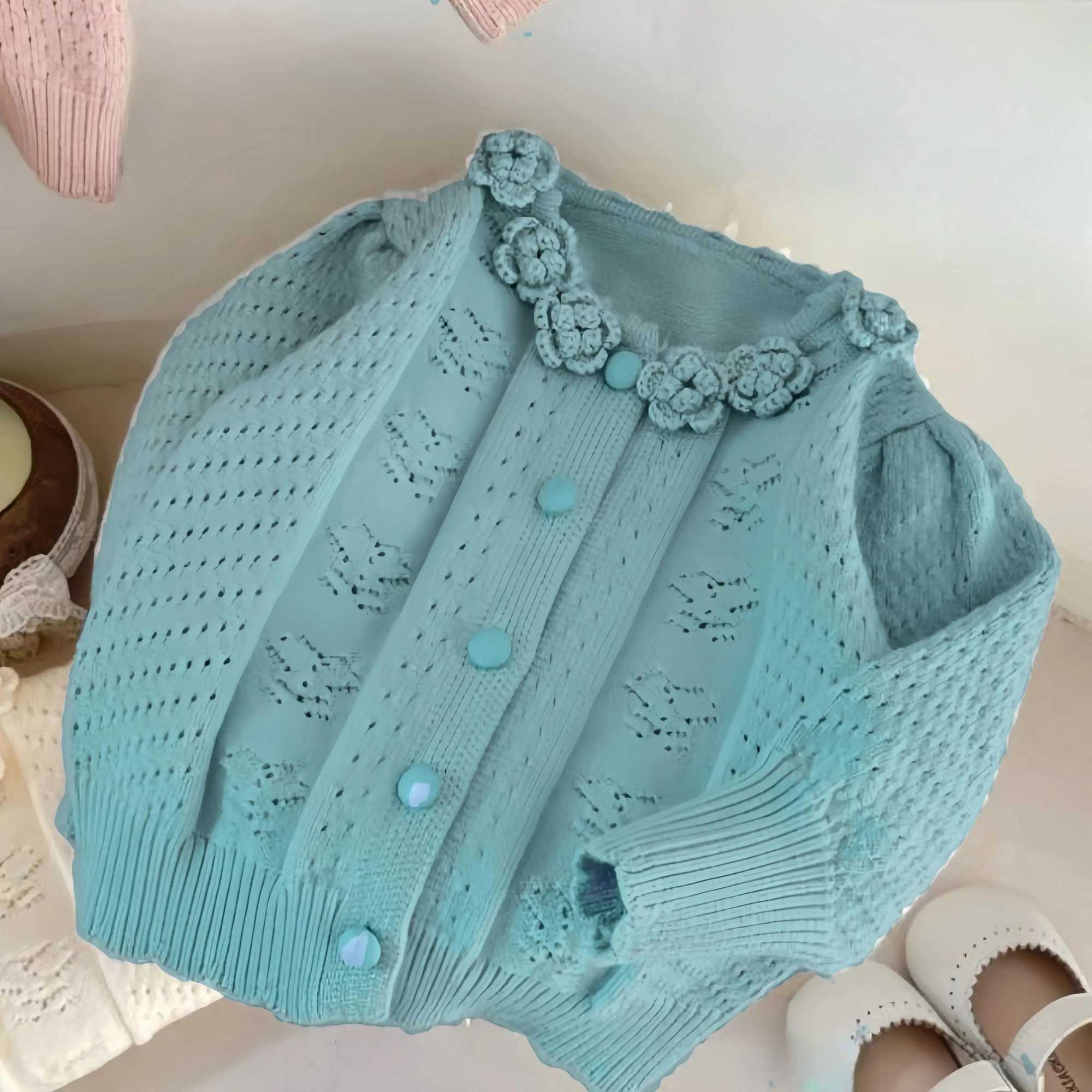 Girls chic cut style sweater jacket floral collar spring knit autumn and winter long sleeved cardigan new 2024 W241025