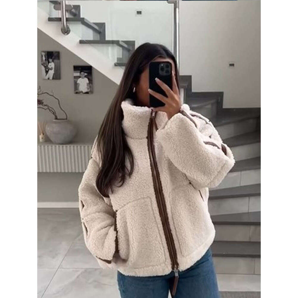 Casual Stand Collar Full Sleeve Patchwork Jacket Warm Double-End Zipper Pockets Plush Coats New Female Winter High Streetwear