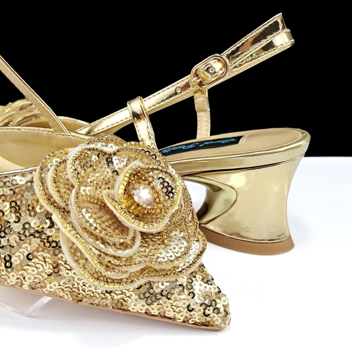 QSGFC Shiny Gold Shoes and Bags Elegant Handbags and High Heels Beautiful Handmade Flower Wedding Party 241024
