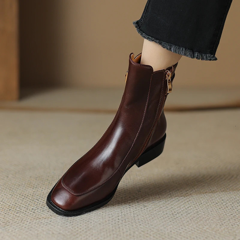 autumn womens boots square toe low heel womens shoes genuine leather retro brown ankle boots block retro leather boots 250225
