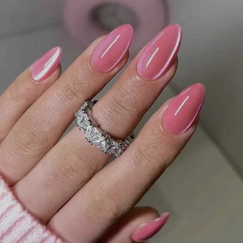 24Pcs Pink Cat Eye Fake Nails Short Almond False Nails with Design Wearable Oval Press on Nails Finished Full Cover Nail TipsXJ241025