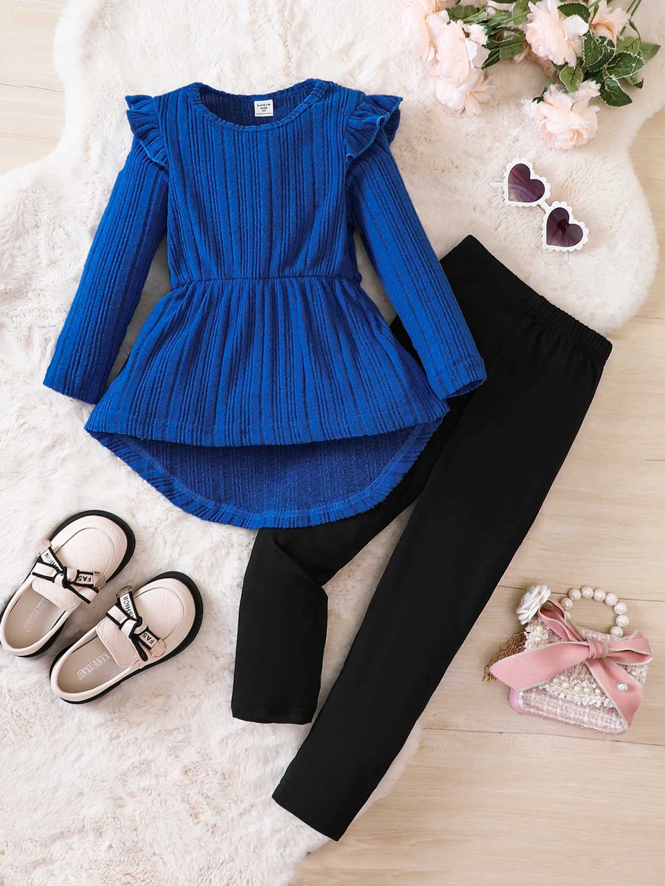 2PCS Spring and Autumn Womens Hoodie Lace Round Neck Long Sleeve Striped Knitted Solid Color Pants Fashionable Childrens Set W241025