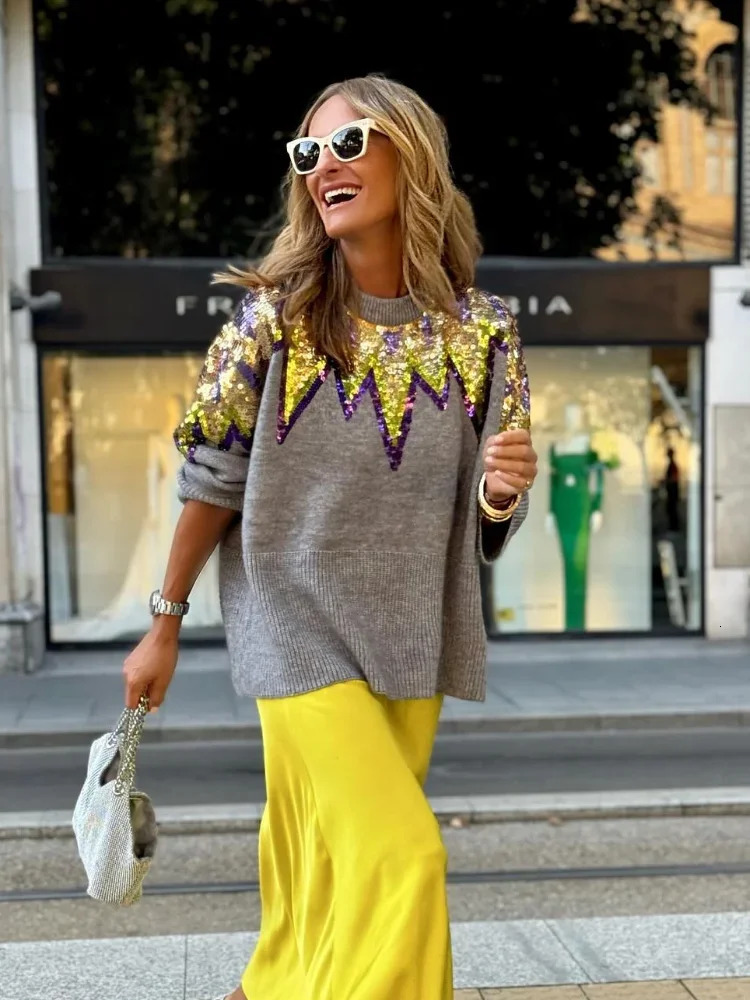 O-neck Long Sleeve Knitted Sweater Women Fashion Sequins Decor Loose Casual Pullovers Female Fall Winter Street Club Jumper 2024 241024