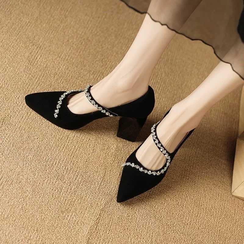 High Quality Sexy Pointed Toe Black Suede High Heels Autumn New Luxury Rhine Womens Pump Elegant Shallow Mouth Girls Date Shoes T241024