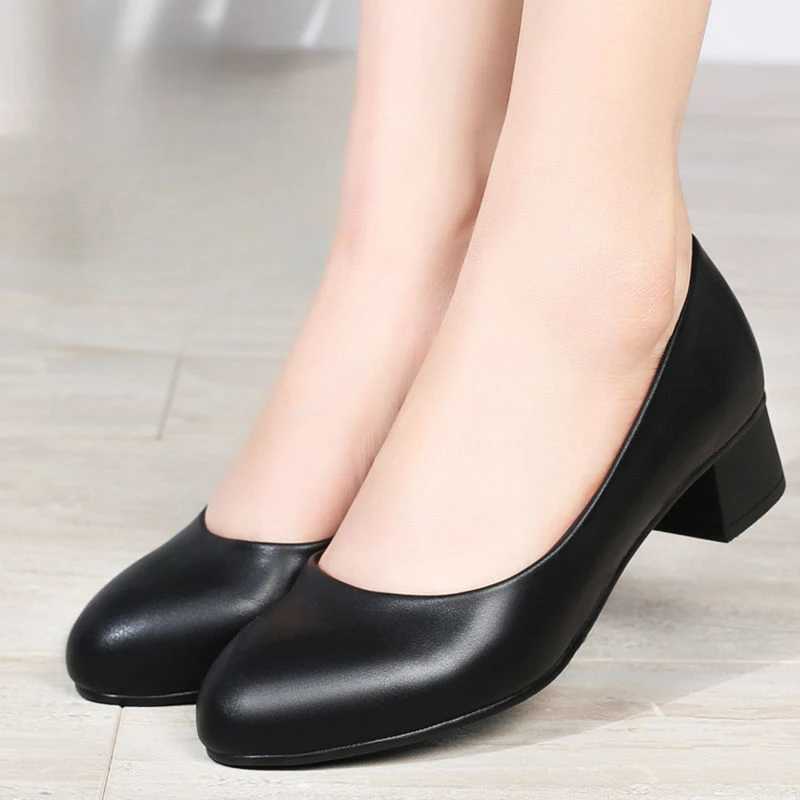 High Quality Thick heel work shoes black mid heel dress leather shoes flight attendant professional freight agent T241024