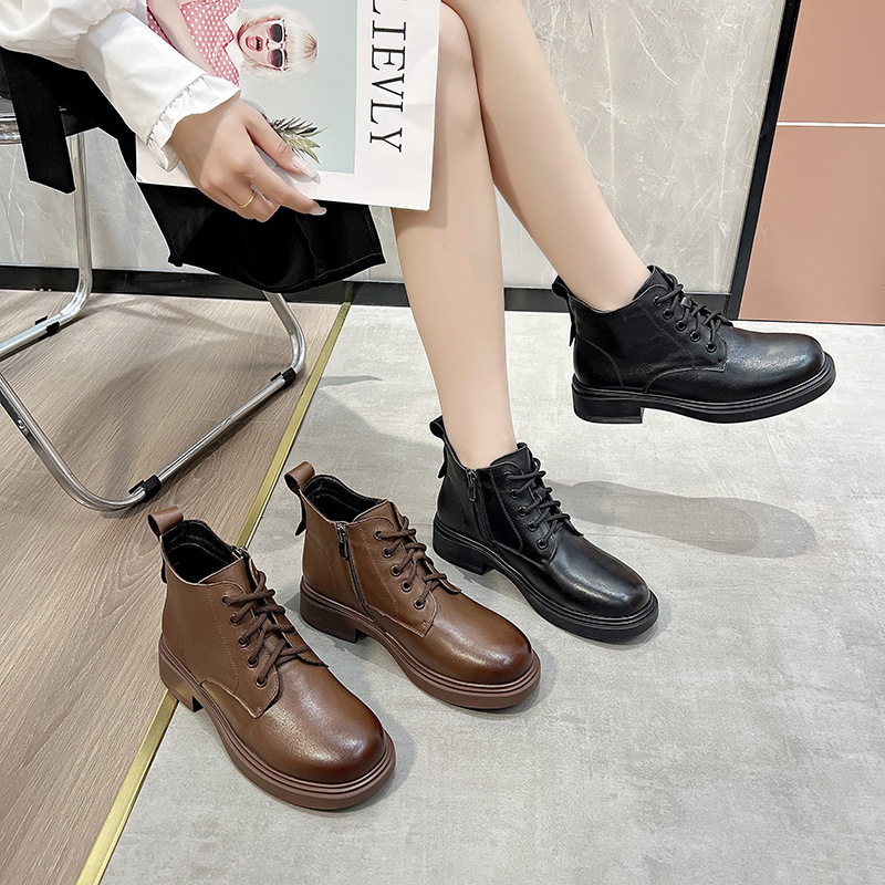 Designer shoes England head layer cowhide Martin boots women lace-up small short boots