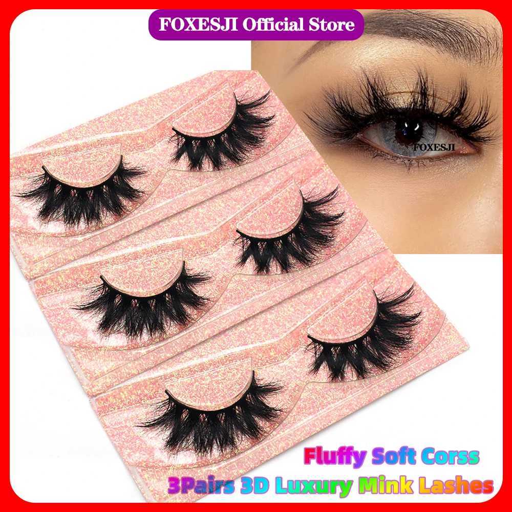 FOXESJI 3 pairs of 3D mink fluffy Wispy soft leather wallet mink false eyelashes can be reused eyelash extension thick false eyelash makeupW241024