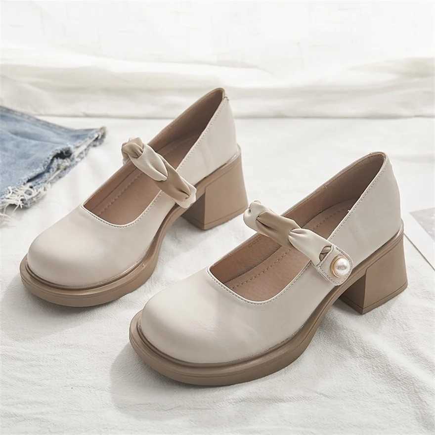 High Quality Beige soft leather shoes womens shoes Mary Jens platform Lolita shoes Japanese style retro girls high heels pump womens shoes light T2410