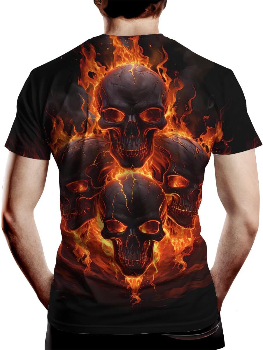 Mens T shirt Creative Flame Skull T-Shirt for Men Summer Fashion Graphic Shirts Short Sleeve tee Casual tops summer clothes Hip hop trend