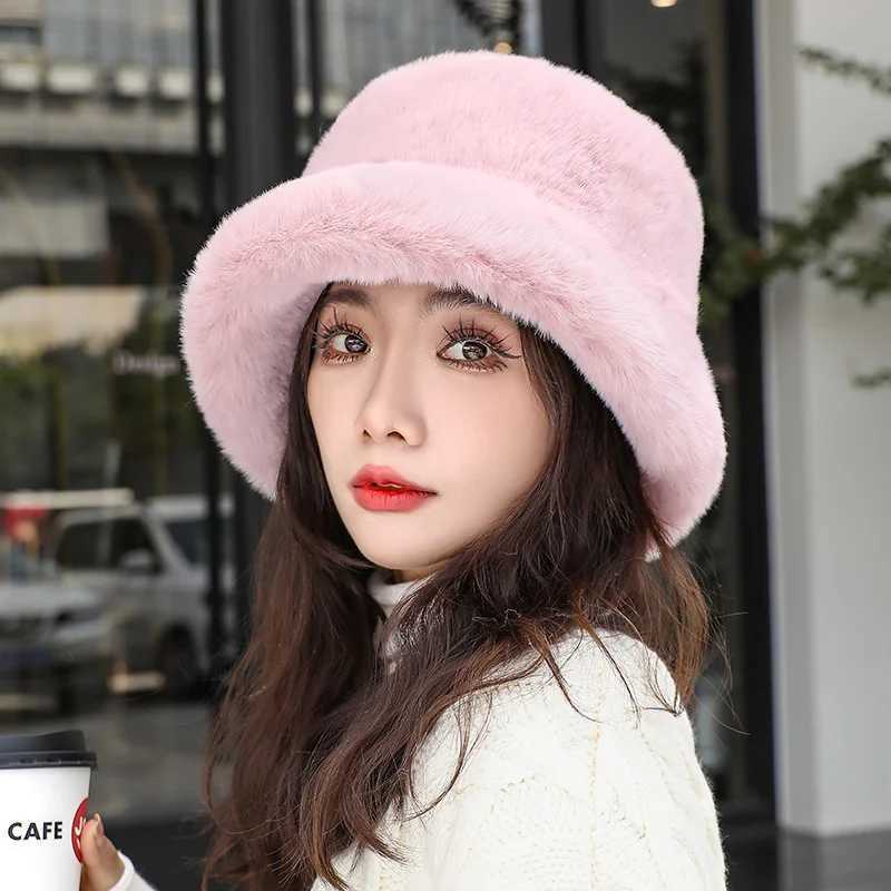 Hat Fluffy Faux Fur Bucket Women Cap Rabbit Fur Warm Thick Plush Winter Leopard Hat Lady Y2k Luxury Fashion Party Fisherman CapX241025