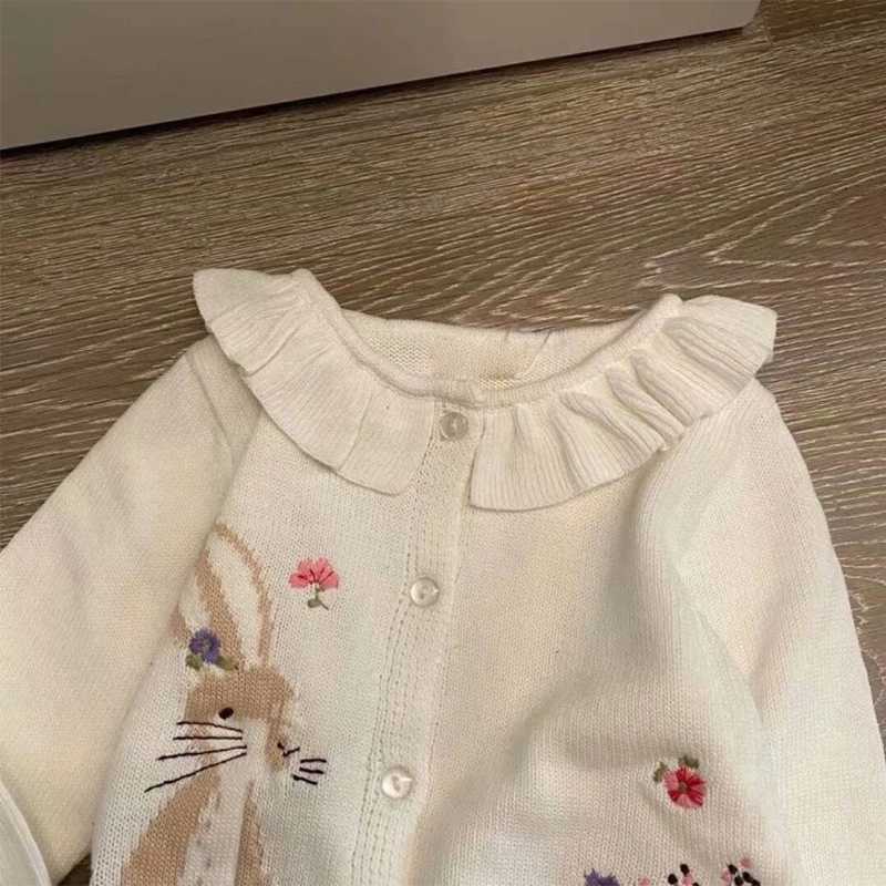 Flea Count Preschool White Flower Rabbit Baby Knitted Open Knitted Woolen Sweater for Girls Winter Clothing Childrens Sweater 2-7 Years Old W241025