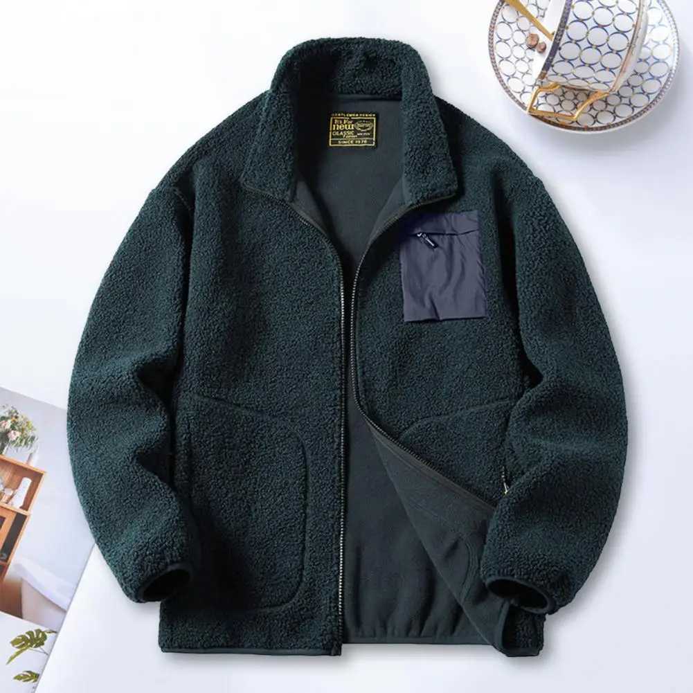 Artificial Lambswool jacket autumn zipper plaid collar long sleeved jacket with pockets W241024