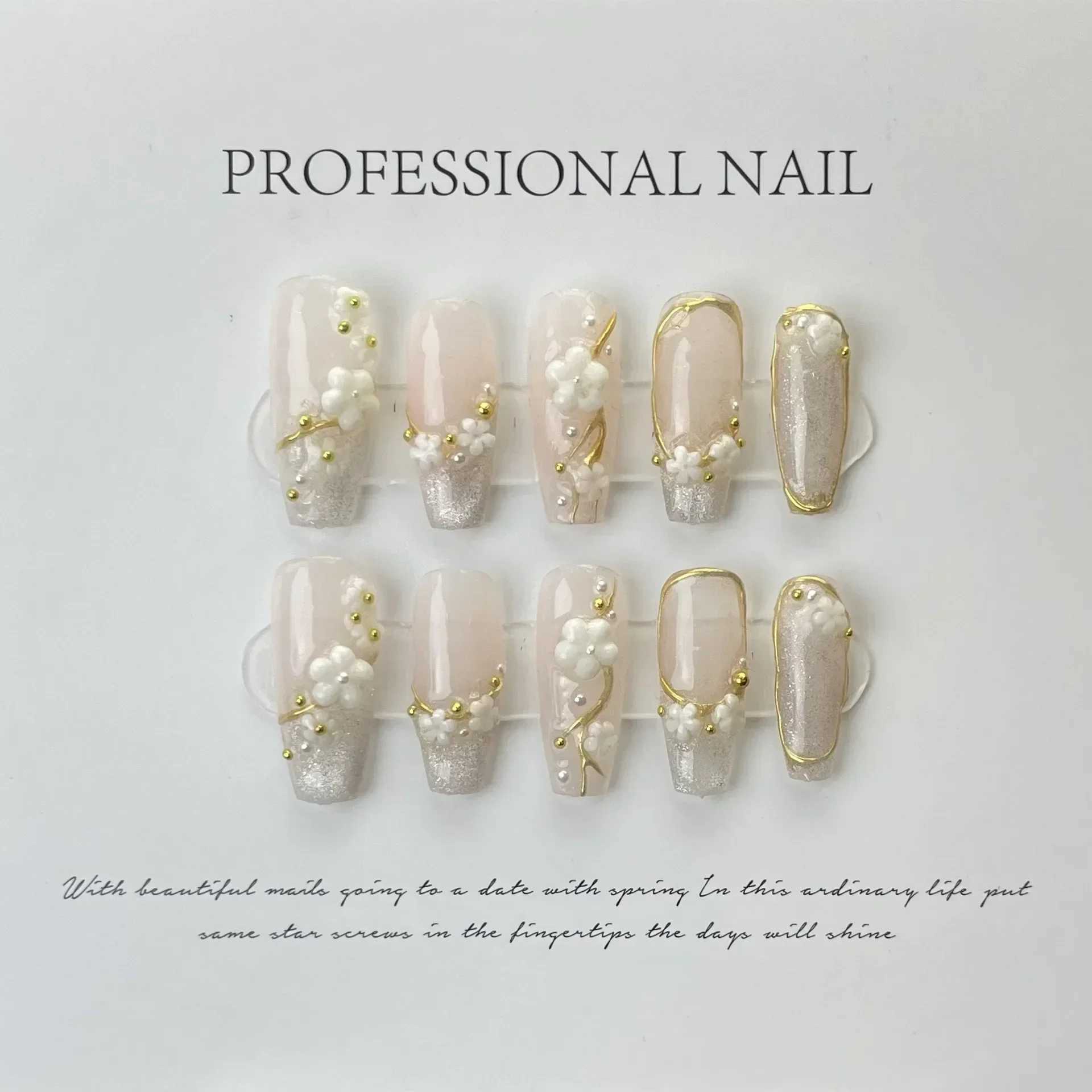 10pc Detachable Long Ballet Green False Nails with Camellia Butterfly Full Cover Press on Acrylic Nail Coffin Korean Style NailsXJ241025