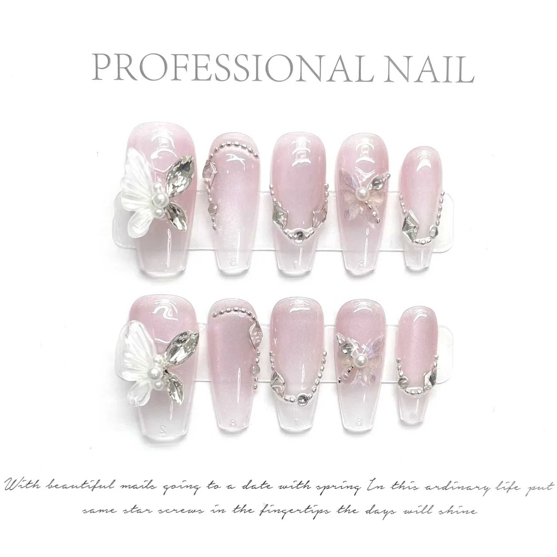 10Pcs French Ballerina Handmade Press on Nails Pink Cat Eye Fake Nails Wearable Stick-on Nails Full Cover False Nail Uas XJ241025