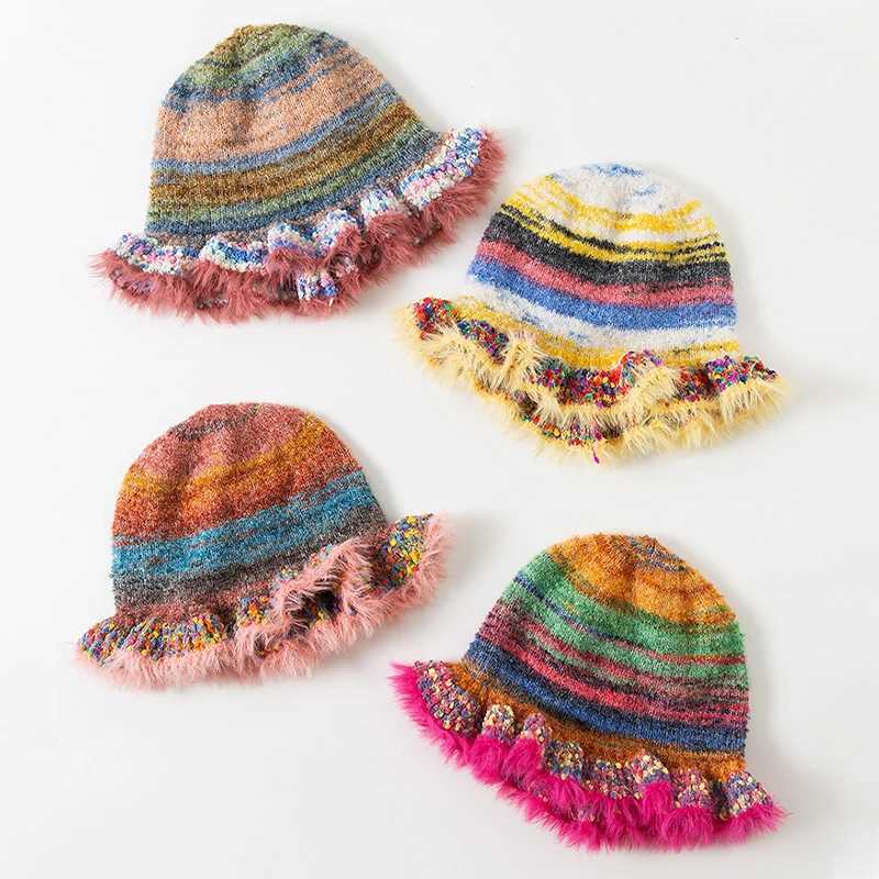 Winter Woolen Cap Rainbow Striped Warm Knitted Hat For Women Ruffle Warm Ski Caps Fashion Elastic Fisherman HatsX241025