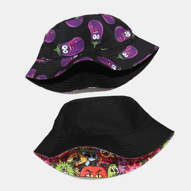 Vegetables Print Bucket Hats Women Mens Panama Hat Double-sided Foldable Summer Cap Hamburger Pepper Tomatoes Graffiti Sun HatX241025