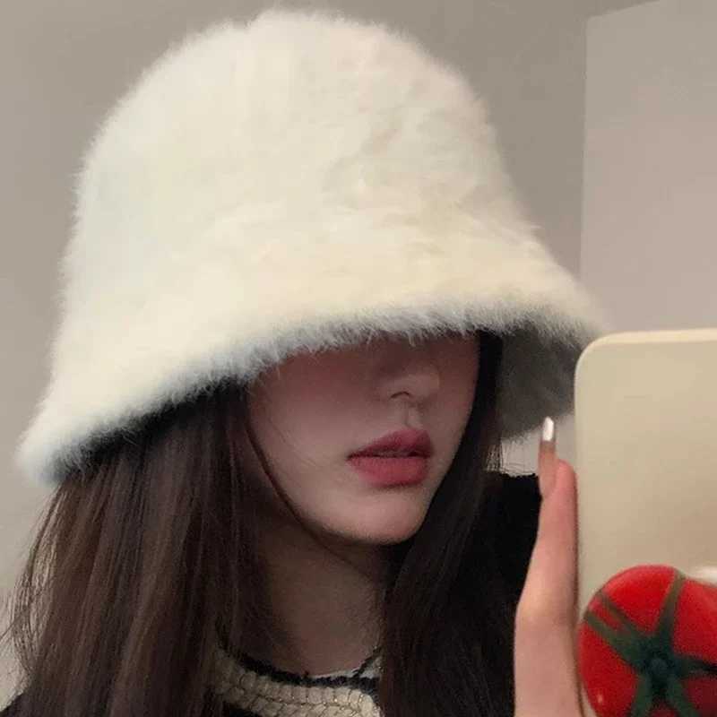 Rabbit Fur Bucket Hat Plush Bucket Hat Soft Warm for Women Winter White Black Knitted Fisherman Hat Soft Warm Girls Basin HatsX241025