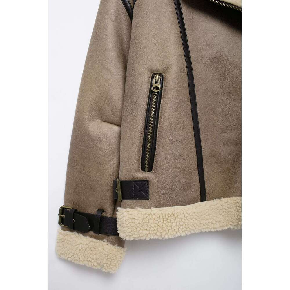 TRAFZA Women Fashion Ing New 2024 Retro Loose Fleece Zipper Lapel Jacket Autumn Winter Stylish Coat