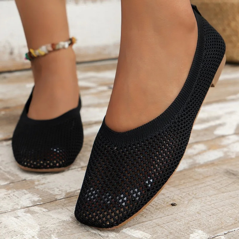 Womens Square Head Flat Shoes Solid Color Knitted Shoes Casual Breathable Ballet Flat Shoes Womens Sports Shoes Zapatos De Mujer 241024