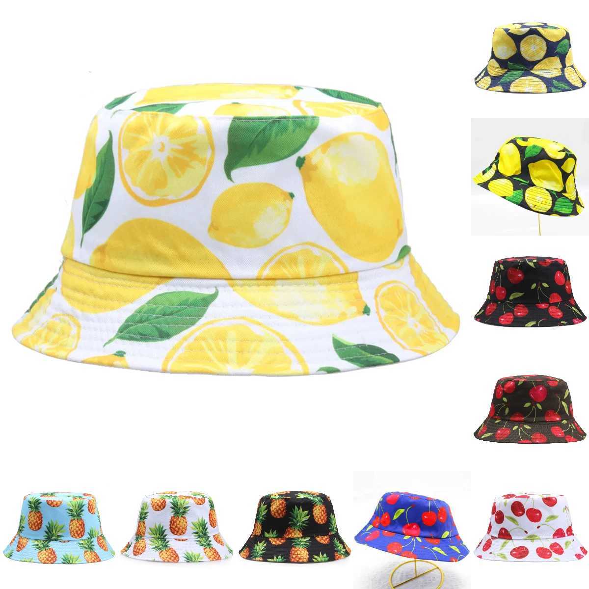 Lemon Pineple Cherry Printed Bucket Hat Sun Panama Cs Mens Beach Girls Fishing Cotton Fruit Fishermans Hat W241024