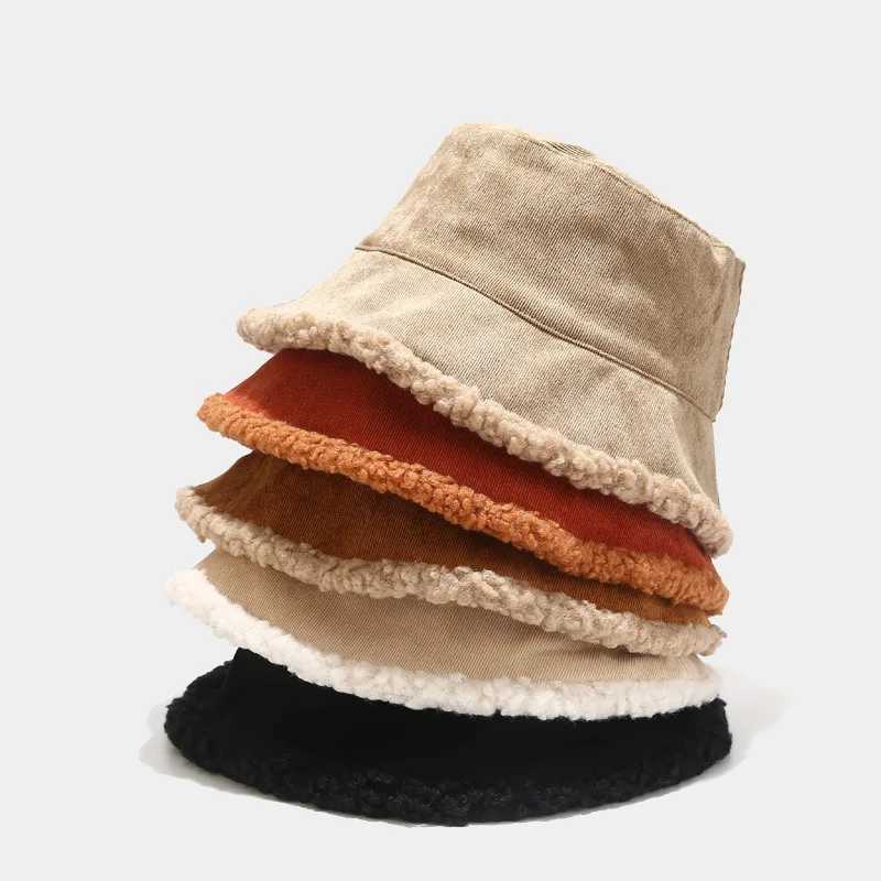 Double-sided Unisex Harajuku Bucket Hat Thick Wool Warm Fisherman Hat Korean version Outdoor Bucket Hat Women Men Panama CapX241025