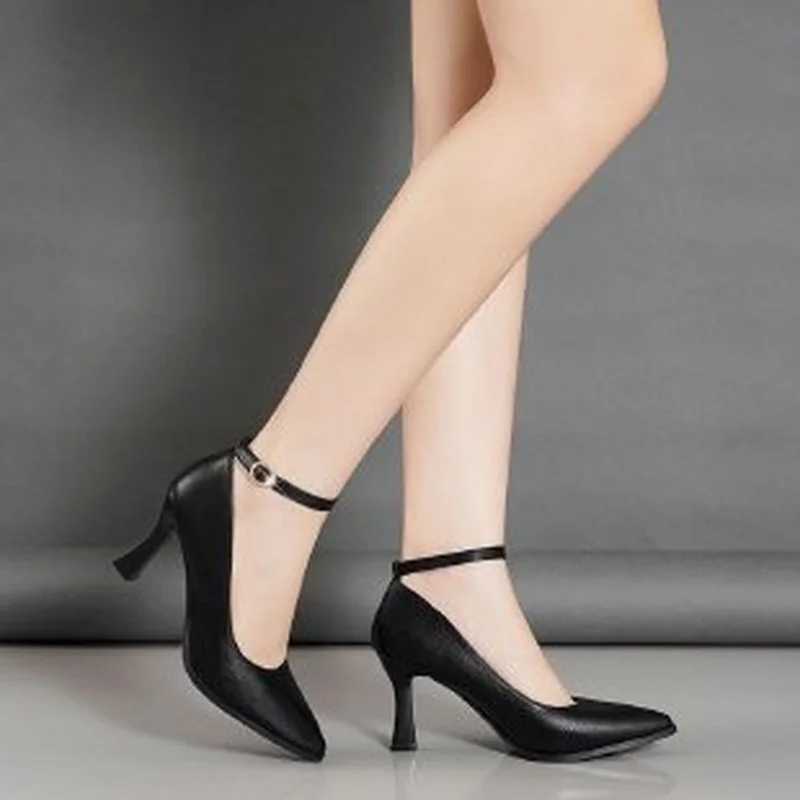 High Quality Summer New Fi Pointed Toe Shallow Womens Shoes with Thick Heels and Black Simple Work Shoes with Word Buckle T241024