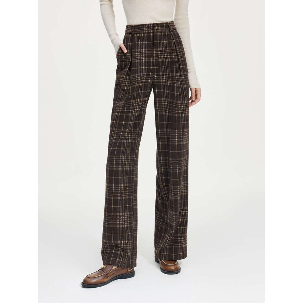 FSLE Office Lady American Retro Plaid Casual For Women Brown 2024 Autumn Winter New Straight Leg Pants 24Fs14560