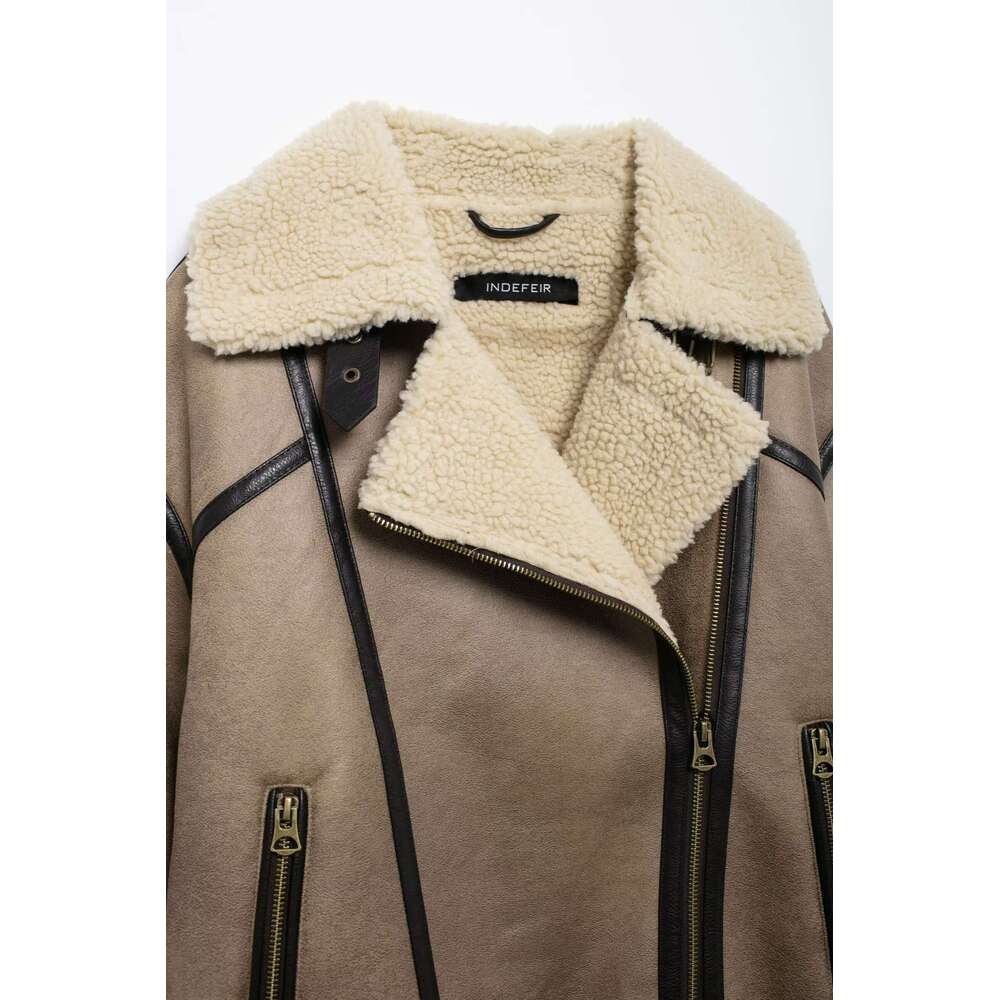 TRAFZA Women Fashion Ing New 2024 Retro Loose Fleece Zipper Lapel Jacket Autumn Winter Stylish Coat