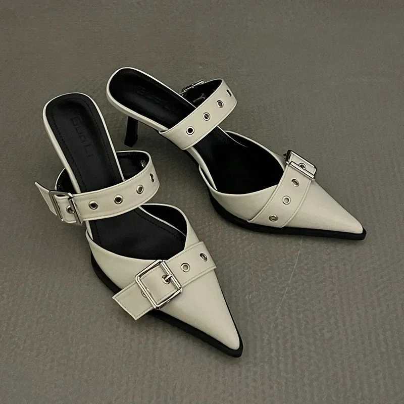 Punk Goth Metal Buckle High Heels Womens Sandals Summer Pointed Toe Silver Party Shoes Fashion Womens Pumps Shoes Tacones W250910