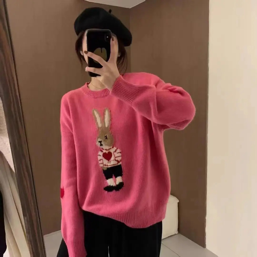 Korean Fashion Y2k Pulls Autumn Winter Cartoon Bunny Round Neck Pullover Long Sleeve Knitted Sweater for Women 241021