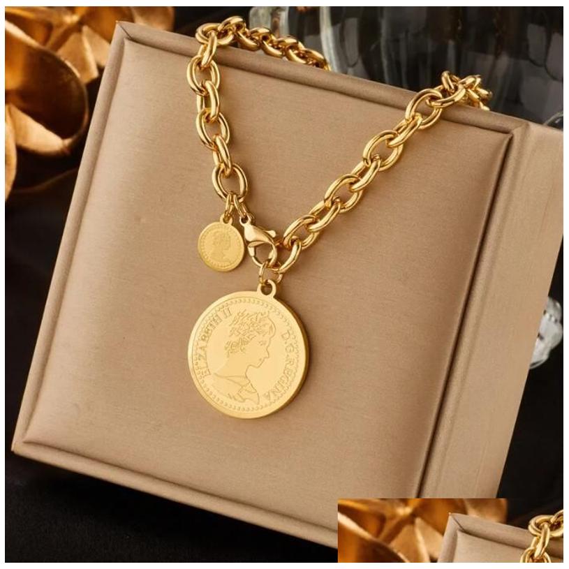 18K Gold Portrait Coin Necklace Designer Stainless Steel Chain Collar Woman Fashion Luxury Gift Drop Delivery Pendants Otzuz