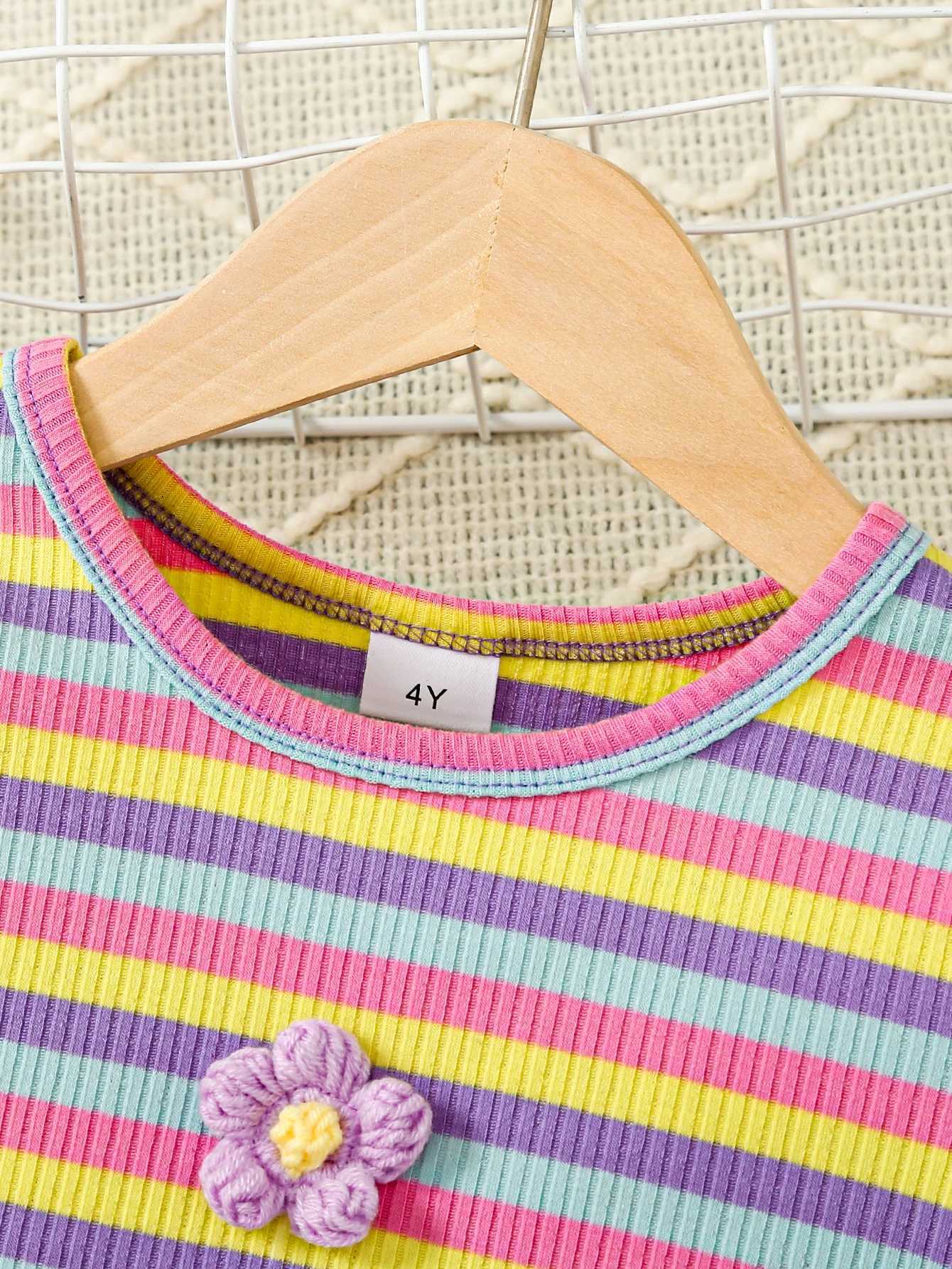 Spring and Autumn Girls Sweater Round Neck Long Sleeve Knitted Stickers Colorful Stripe Pattern Top Fashion Children W241025