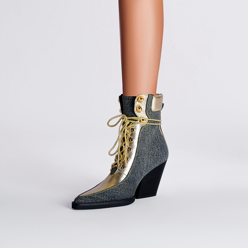 Kaky's New Pointed Denim Lace Up High Heel Large Women's Western Boots