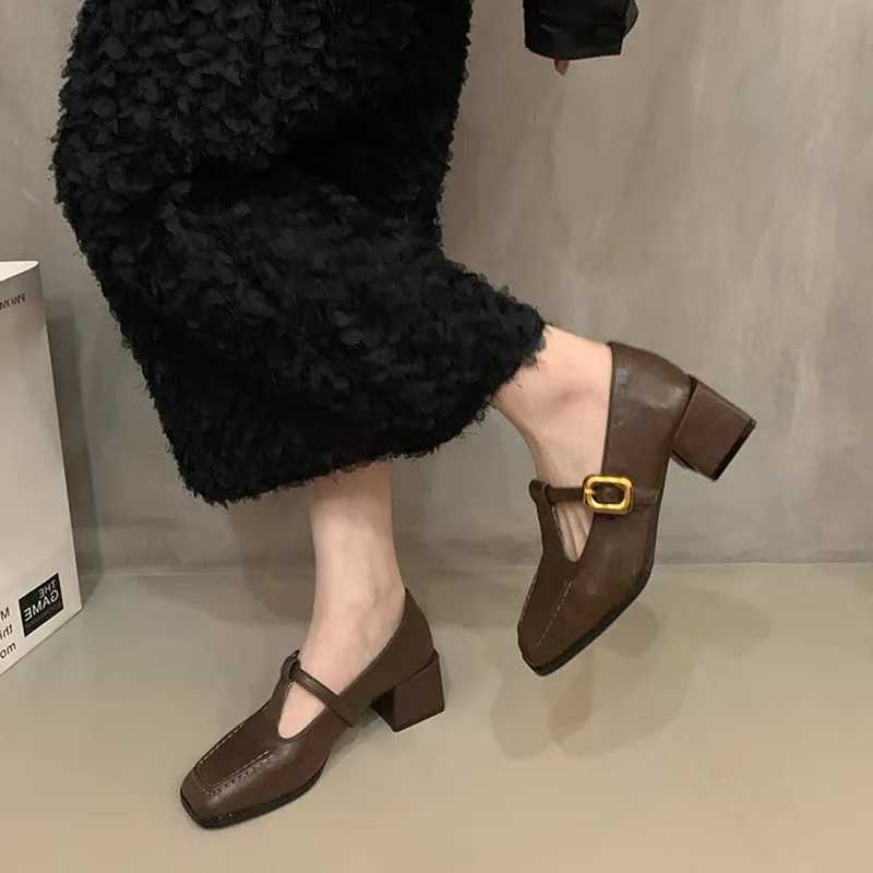 High Quality new autumn womens pump square toe leather brown buckle shoulder strap Mary Jens shoes elegant French style party dress shoes T241024
